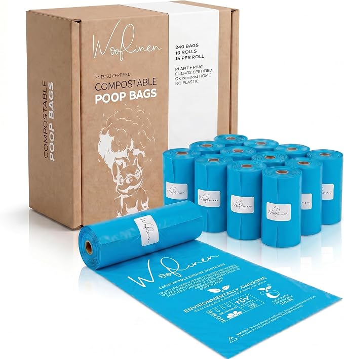 Wooflinen Home Compostable Dog Poop Bags – Leak-Proof Dog Poop Bags Rolls – Large 9x13”, Durable, Easy Tear – Made from Plant & PBAT Materials – For Big & Small Dogs – 240 Bags (16 Rolls)