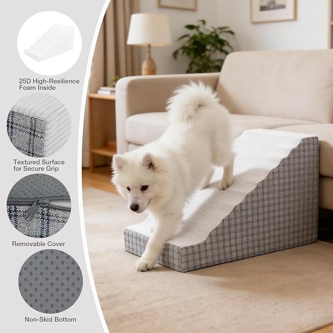 19" Pets Ramp for High Beds, Small Dogs & Senior Cats - Non-Slip Texture & Machine Washable Cover - Supportive Foam for Joint Comfort, Easy Climb for Couch, Sofa, Furniture (Gery-L)
