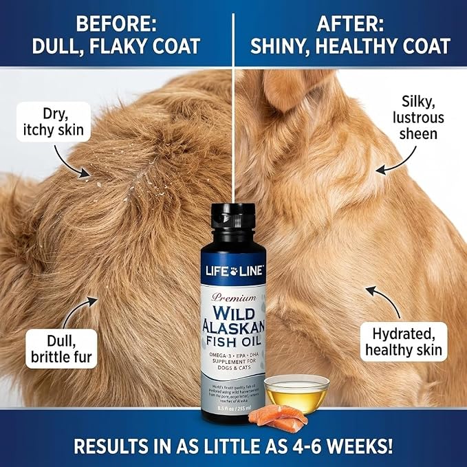 Life Line Pet Nutrition Wild Alaskan Fish Oil Omega-3 Supplement for Skin & Coat – Supports Brain, Eye & Heart Health in Dogs & Cats, 8.5oz