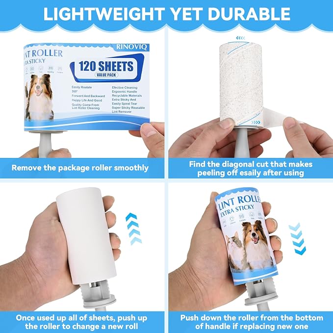 Lint Roller Refills – 960 Sheets Total, Extra Sticky Adhesive Replacement Rolls, 3.9-inch Rolls with 120 Sheets Each (No Handle Included), for Pet Hair on Clothes & Furniture