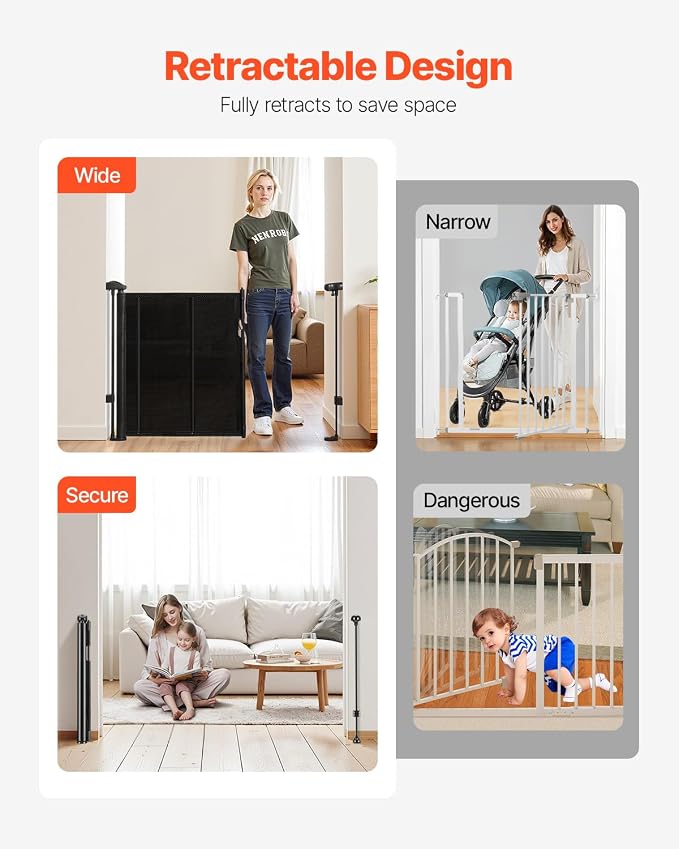 VEVOR Retractable Baby Gate, 34 inch Tall, Extends up to 55 inch Wide, Retractable Gate for Kids or Pets, Mesh Material, Easy to Install for Indoor Stairs, Doorways, Hallways, Playrooms, Black