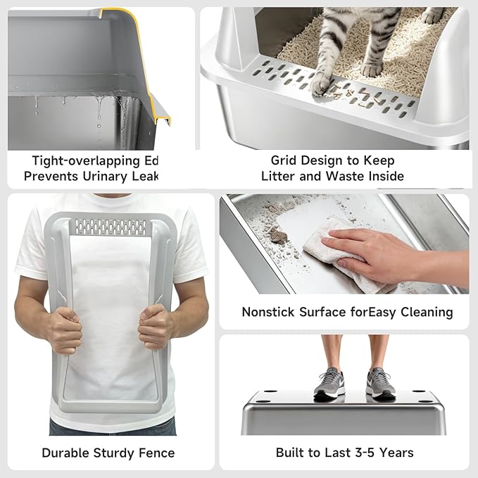 Stainless Steel XL Cat Litter Box for Cats, High-Sided Design Prevents Urine Leakage, Non-Stick, Easy to Clean, Includes Scoop, Gray
