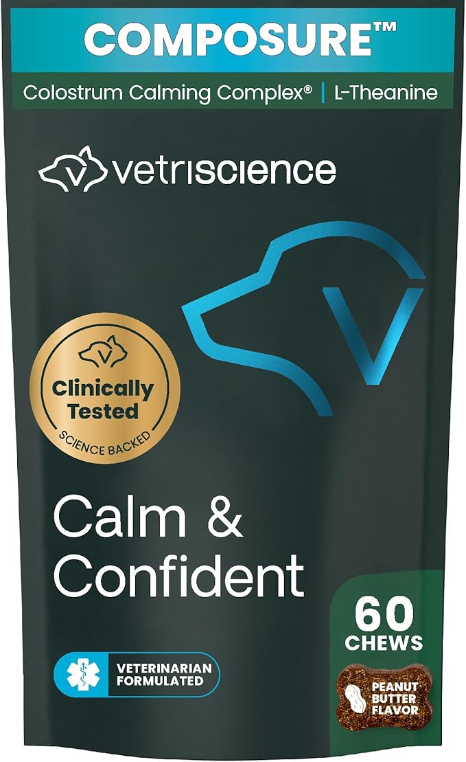 VetriScience Clinically Tested Composure Calm & Confident Chews for Dogs – Helps Manage Occasional Stress & Supports Balanced Behavior, Non-Drowsy Soft Chews with L-Theanine, Peanut Butter, 60 Count