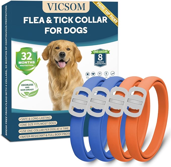 Dog Flea and Tick Collar 4 Pack, Waterproof Adjustable Collar for Dogs and Puppies, 32-Month Prevention, Blue & Orange