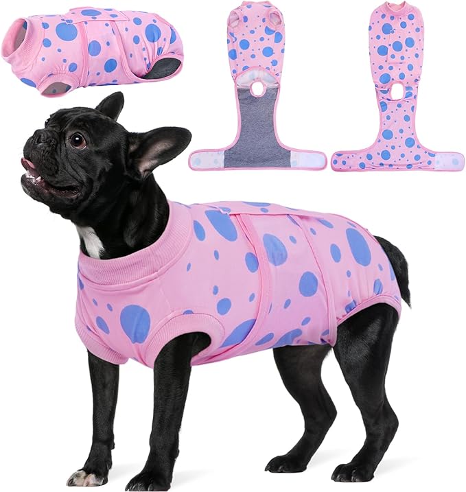 Kuoser Dog Surgery Suit, Soft Dog Spay Recovery Suit Female, Anti Licking Neuter Recovery Suit for Male Dogs, Post-Op Pet Surgical Suit Protective Wear E-Collar & Cone Alternative,Pink Polka Dots XS