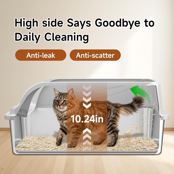 XL Stainless Steel Cat Litter Box with high Sides, Includes Scoop | Extra Large Litter box for Big Cats,Urine Leakage, Non-Stick, Durable,Easy to Clean
