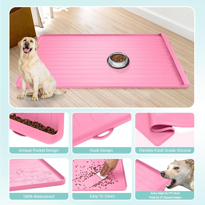 Dog Mat for Food and Water - 39.4" x 27" Large Pet Feeding Mats with Residue Collection Pocket - Waterproof Dog Cat Bowl Mat with High Edges to Prevent Water and Food Spills (Pink, 39.4''x27'')