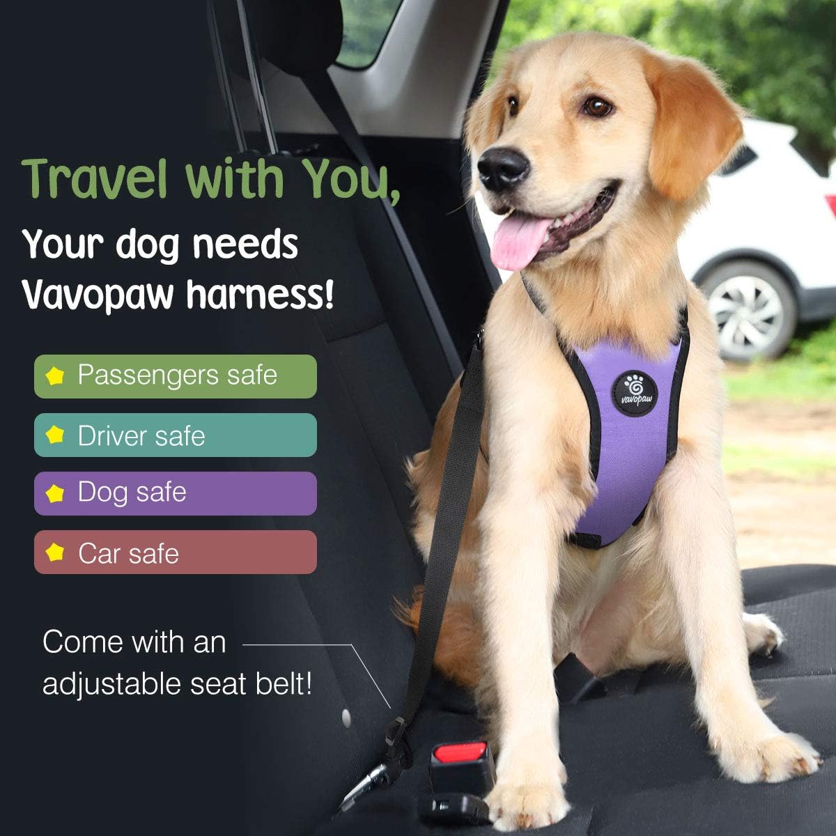 Dog Seat Belt, Safety Vest Dog Car Harness with Adjustable Buckle Dog Seat Belt for Vehicle Nylon Pet Safety Seat Belts Heavy Duty(XL, Purple)