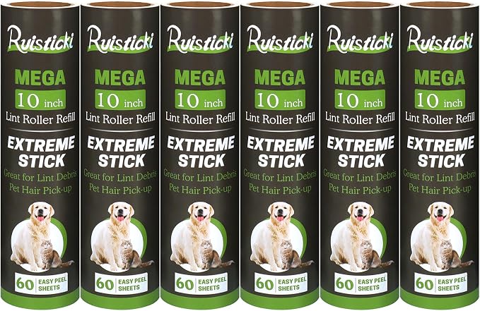 10 inch Mega All-Purpose Pet Hair Lint Roller Refills Compatible with Evercare Mega Roller 10'' Wide Ultra Sticky 60 Sheets Each Refill (Pack of 6, 360 Sheets Total)