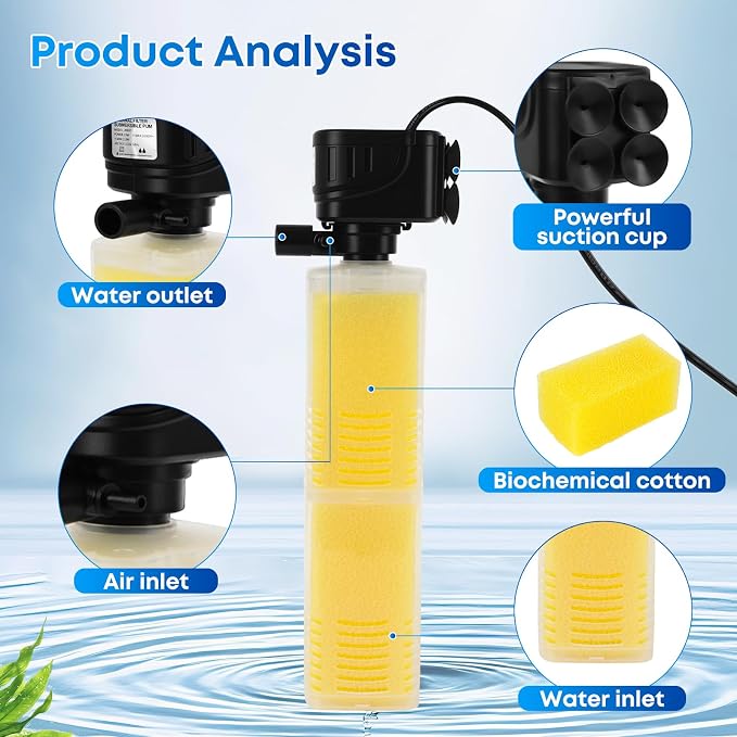 320GPH Aquarium Filter for 40–100 Gallon Fish Tanks, 4-in-1 Submersible Internal Filter with Layered Filtration, Water Pump, Air Outlet and Wave Flow Design