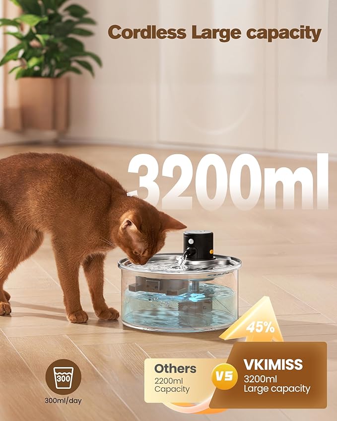 Battery Operated Cat Water Fountain: Wireless Pet Fountain with Filter | 108oz/3.2L Cordless Cat Dispenser with Motion Sensor Rechargeable Automatic Drinking Fountains for Cats Indoor -Plastic model