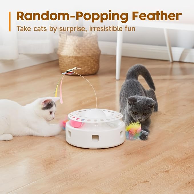 Cat Toys - 3 in 1 Interactive Automatic Kitten Toy, Fluttering Butterfly, Mobile Ambush Feather, Ball Track, Dual Power Sources, USB Powered, for Exercise, white