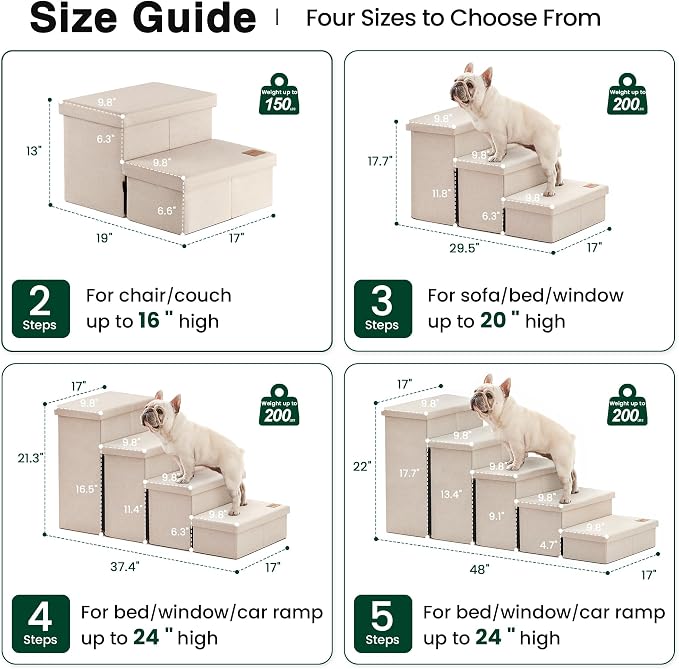 Love's cabin Dog Stairs for High Bed 18" H, Foldable Pet Stairs for Small Medium or Large Dogs Puppy with Storage for Bed or Couch, Cat Dog Steps Ramp with Zip up to 200 lbs, Beige, 3 Steps