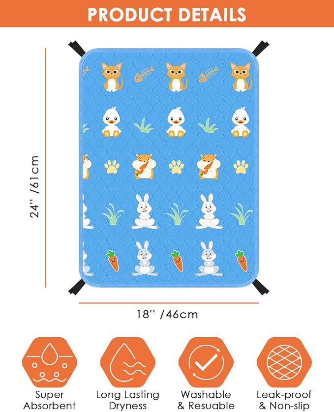 Bissap 2 Packs Guinea Pig Cage Liners, 18''X24'' Washable Guinea Pig Pee Pads Non Slip Reusable Fast and Super Absorbent Bedding for Small Animals Rabbit Hamster Chinchillas Rat - Blue