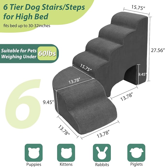 Dog Stairs for High Bed 28-32 Inches Tall, 6 Tier Non-Slip Pet Stairs Adjust to Left Side of Bed, Dog Steps for Small Dogs, Old Pets, and Injured Dogs, Dark Gray