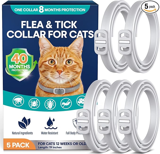 Flea and Tick Collar for Cats 5 Pack, 8 Months Protection, Plant-Based Ingredients, Water-Resistant, Adjustable & Lightweight, Suitable for Adult Cats & Kittens, White