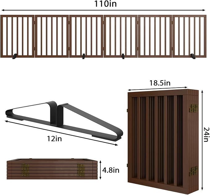 Wooden Dog Gate Freestanding Foldable 6 Panel Pet Gates Extra Wide Dog Gates for Indoor Doorways Stairs 24in Height Support Feet Included