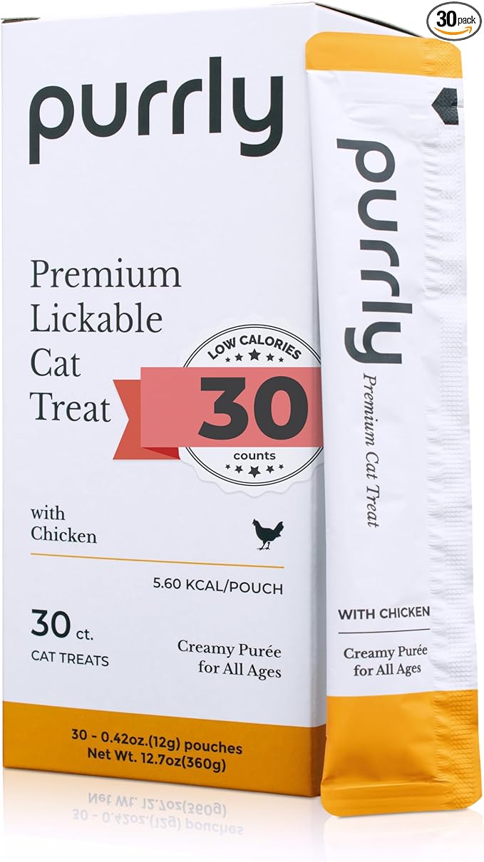 Purrly Lickable Wet Cat Treats Creamy Purée Human-Grade Chicken Breast with Prebiotic and Dietary Fiber for Digestive Health (30 Count) Non-GMO No-Grains No-Artificial-Additive All Ages Low-Phosphorus
