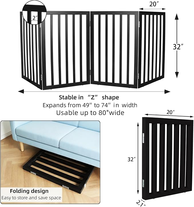 Dog Gate Indoor, Freestanding Dog Fence for The House, Doorways, Hallways,or Stairs,Pet Gate Foldable Wooden,Expandable 32" Height 4 Panels,Black
