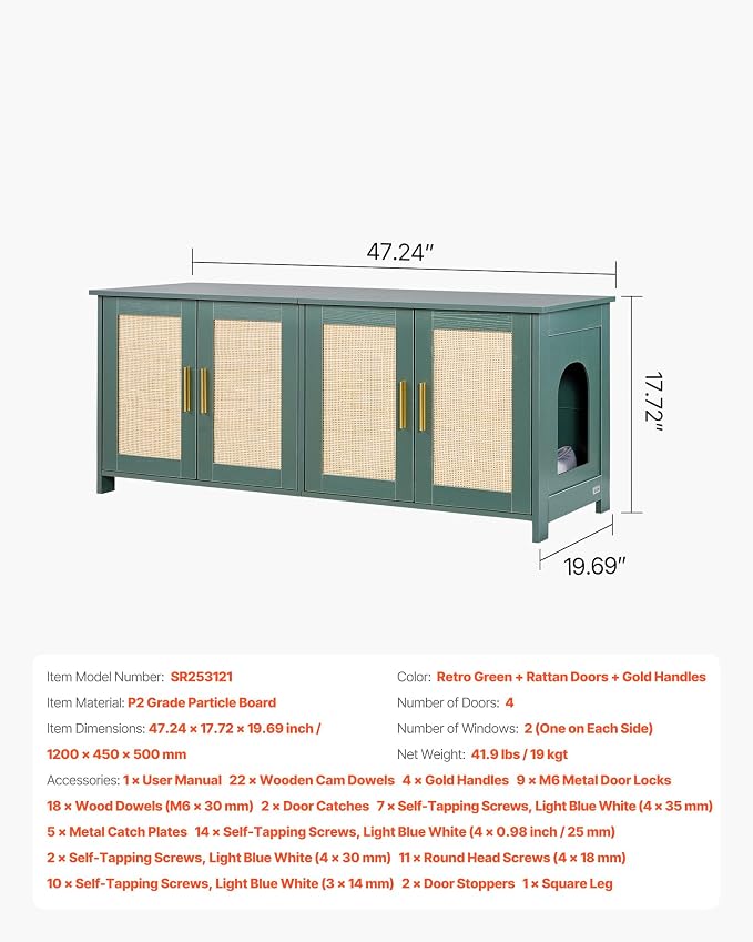 VEVOR Cat Litter Box Enclosure for Multi Cats, 47.2 in Hidden Litter Box Cabinet with 4 Rattan Doors & 2 Entries, Indoor Cat Washroom, Wooden Kitty House Furniture, Fit Most Litterboxes, Green