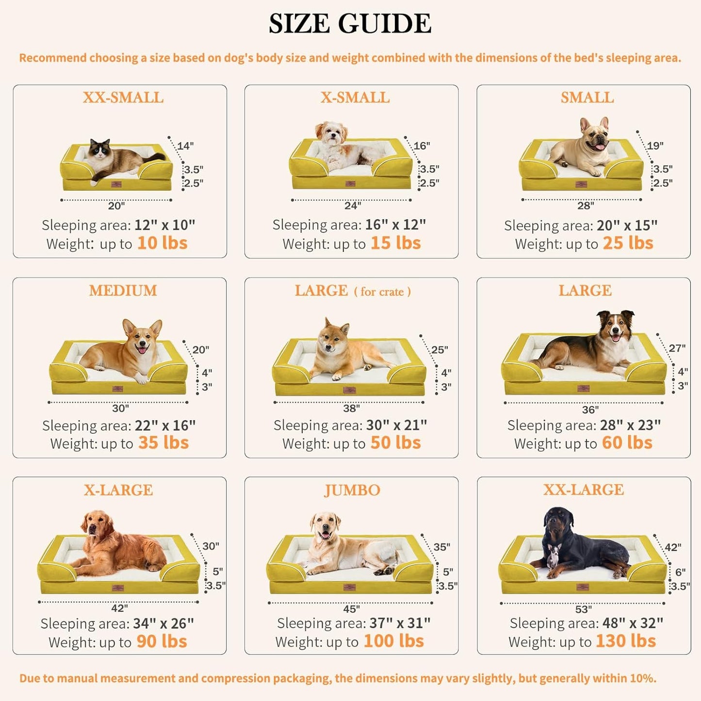 Comfort Expression Small Dog Beds Waterproof Cat Beds Orthopedic Foam Sofa Beds for Small Dogs Comfy Pet Bed with Washable Removable Cover & Non-Slip Bottom(XX-Small,Spicy Mustard)