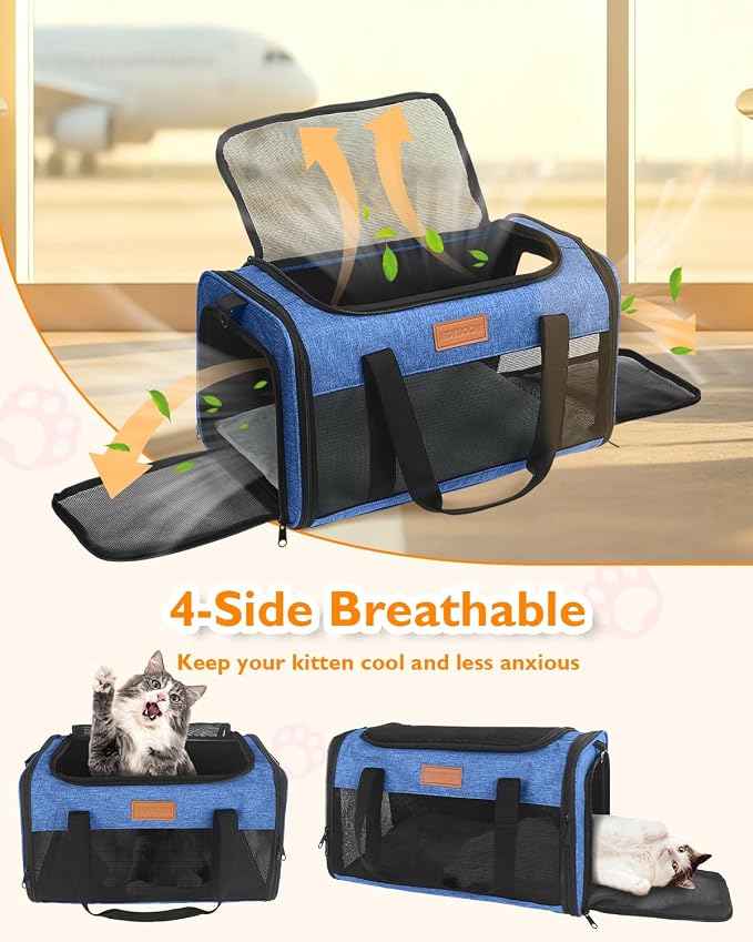 PETUX Airline Approved Pet Carrier for Small Cats up to 12 lb, Blue | 17x11x9.5 in, Underseat, Top & Side Entry, Soft Sided Cat Carrier with Breathable Anti-Scratch Mesh for Travel & Vet