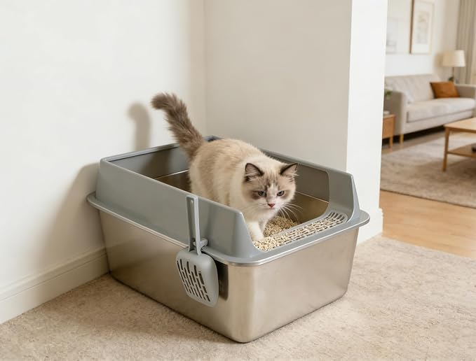 Open Stainless Steel Cat Litter Boxs 21.7" Lx 12.6" W x 11.8" H with Scoop.Particularly Well-Suited to Large Cats