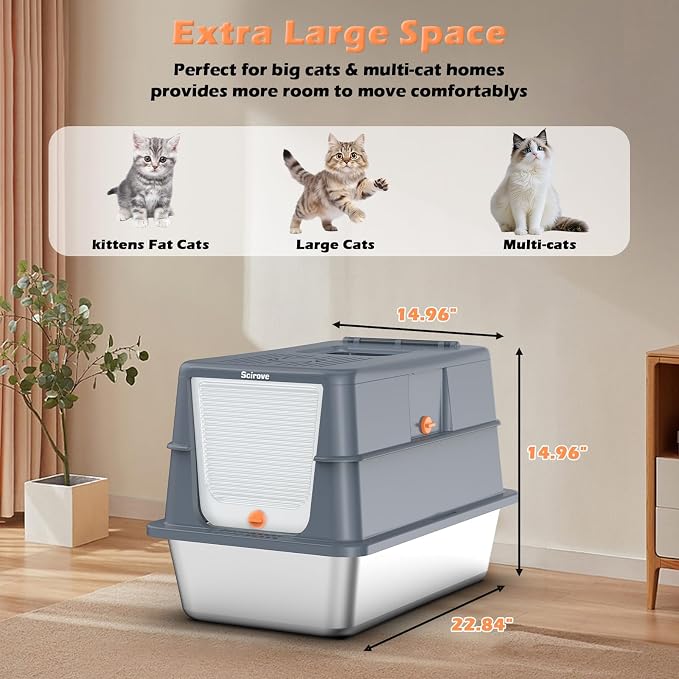 Stainless Steel Litter Box with Lid, Extra Large Litter Box Enclosed Top Entry Metal Litterbox for Big Cats Easy Cleaning Anti-Leakage & High Sided Grey