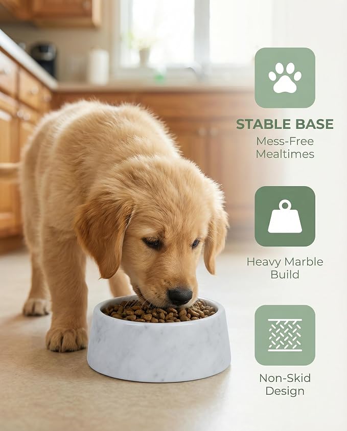 OOBOOB Natural Marble Dog Bowls, Non-Slip Heavy Weight Dog Food Bowl & Dog Water Bowl with Minimalist Design, Premium Marble Texture Pet Bowl for Small to Medium Dogs & Cats
