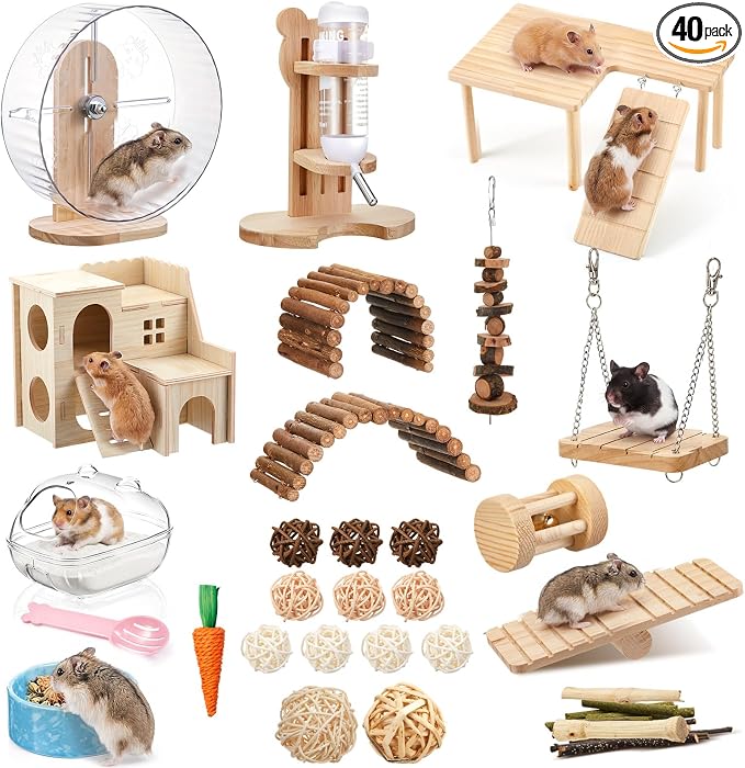 40 Pcs Hamster Cage Accessories, 9.5'' Exercise Wheel, Wood Platform Hideout House, Water Bottle, Sand Bath, Bowl, Chew Toy for Syrian Hamsters Mice Gerbils Habitat Decor(Active Style)