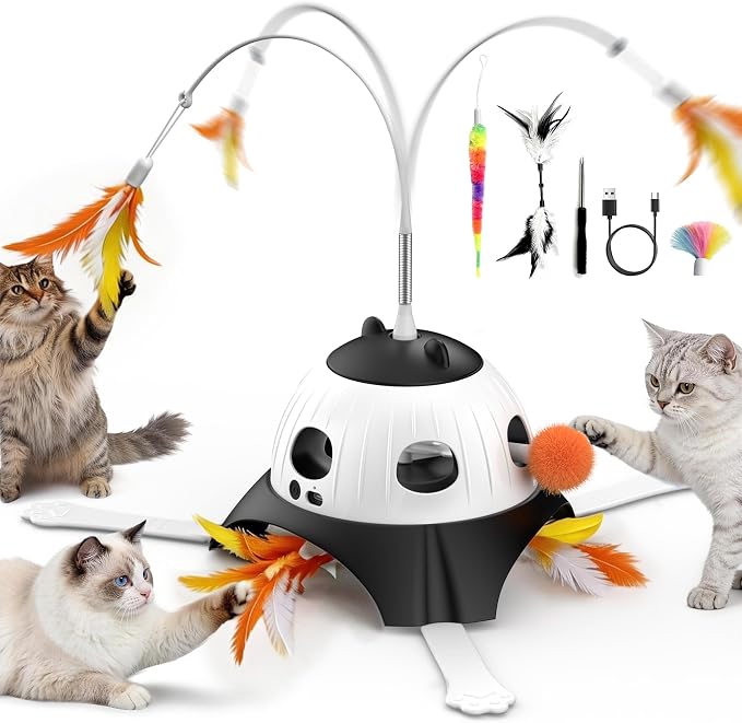 Casfuy 3-in-1 Interactive Cat Toy with Plush Tail, Whack-a-Mole & Rotating Feather Wand