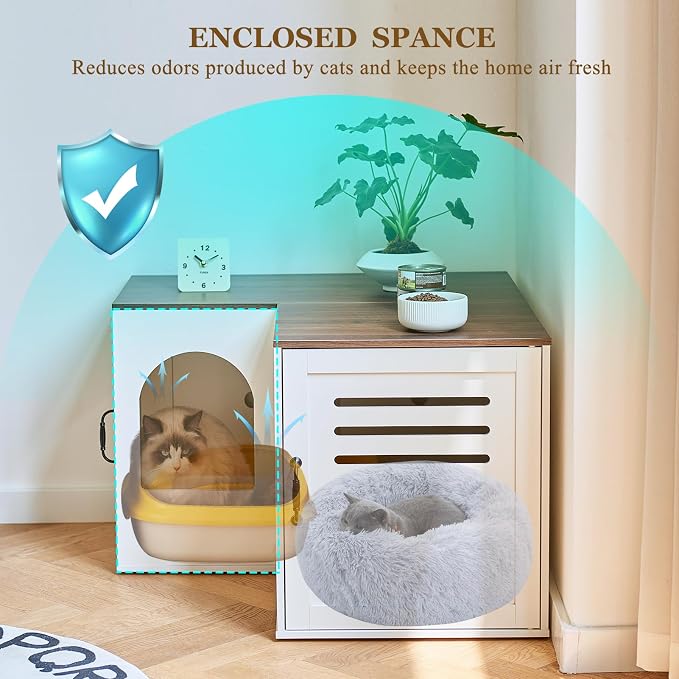 Corner Litter Box Enclosure for 2 Cats, 31.5in Hidden Litter Box Furniture, Litter Box Cabinet with Double Room, Indoor Cat House End Table, Retro White