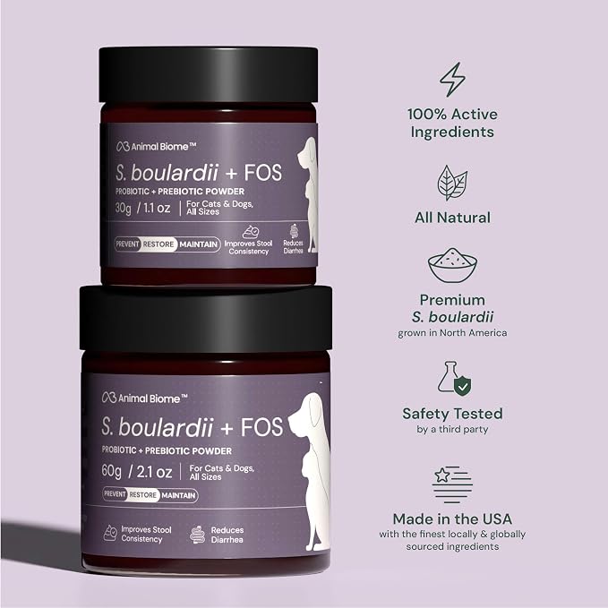 Animal Biome S. Boulardii + FOS Powder Probiotics for Dogs & Cats 60g (100 Scoops), Saccharomyces Boulardii Dog Probiotic + Prebiotic for Gut Health, Loose Stool, Sensitive Stomach Microbiome Support