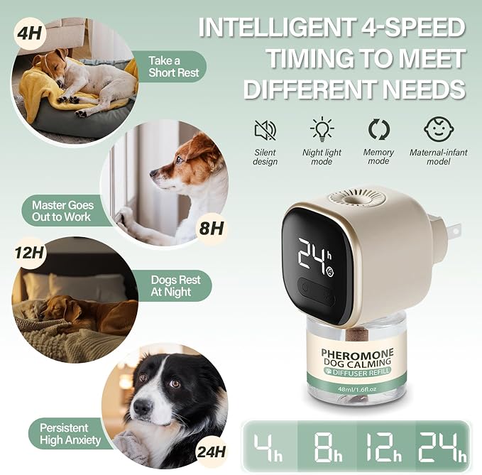 SHANDR Dog Calming Pheromones Diffuser 6 in 1 Appeasing Relaxing Diffuser with Timing Function Pet Kit (3 Plug in +3 Refill 48ml) for Anxiety Relief Reduce Aggression Barking Fighting Stress (Mint)