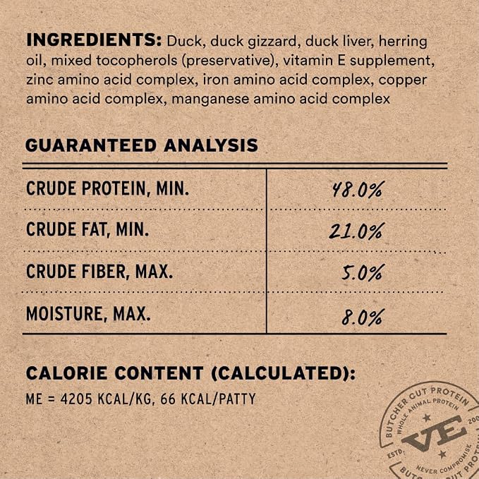 Vital Essentials Freeze Dried Cat Food, Raw Duck Mini Patties | Complete Meal or Topper | Easy to Portion and Rehydrate | High Protein, Grain Free Dry Cat Food | 8 oz Bag