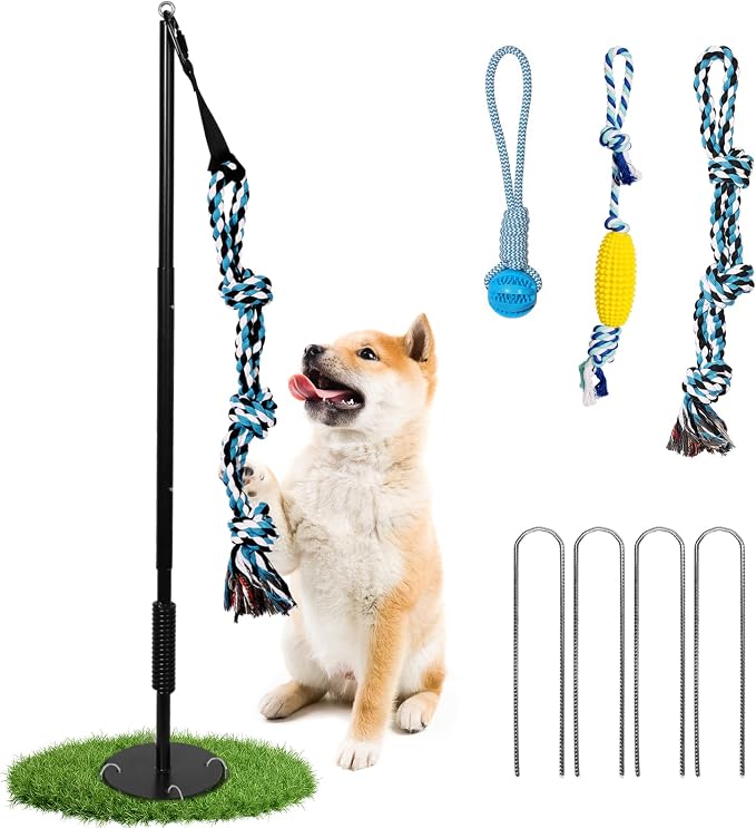 Outdoor Dog Tug Toy Reinforced Spring Rod with Durable chew-Resistant Rope for Independent Play and Interactive Fun in Yards and lawns Adjustable Height for Medium to Large Breeds Black