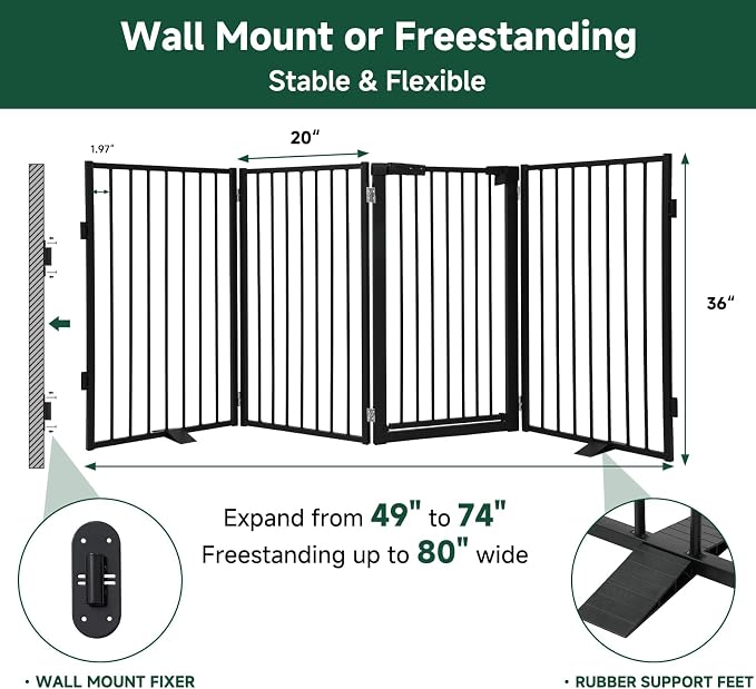 Snagle Paw Metal Freestanding Dog Gate with Door,80” W x 36” H Dog Fence with Support Feet for Doorways, Stairs and Hallways, Portable Pet Gate for Indoor Use (4 Panel, Black)