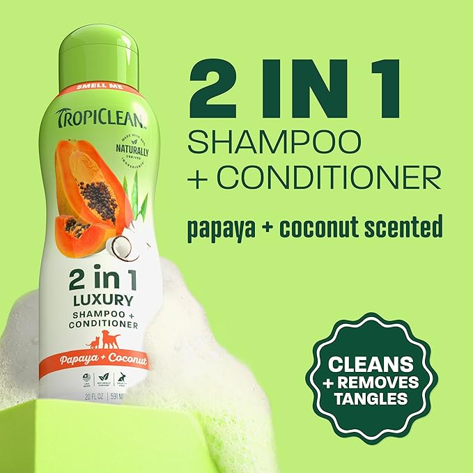 TropiClean 2-in-1 Dog Shampoo and Conditioner, Moisturizing Dog Detangler, Puppy Safe, Made in the USA, Papaya Scent, Cat & Kitten Safe, 20oz.