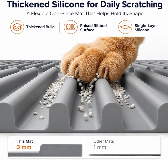 Durable Cat Litter Mat: Fewer Holes Edge Tears & Replacements | Large Thickened Silicone Mat Tested with 1,000+ Scratch Motions