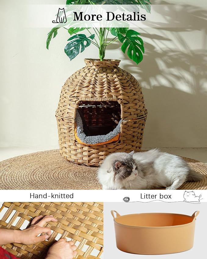 SETVSON Cat Litter Box Plant Furniture Enclosure, Hidden Handwoven Rattan with Cat Litter Box and Artificial Plants, Odor Control Filter, Real Stones in Living Room, Bedroom, Corner Natural