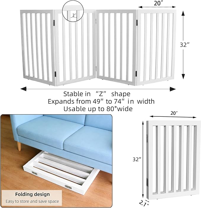 Dog Gate Indoor, Freestanding Dog Fence for The House, Doorways, Hallways,or Stairs,Pet Gate Foldable Wooden,Expandable 32" Height 4 Panels,White