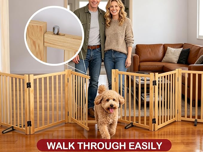Wooden Dog Gate Indoor, 23" H Freestanding Dog Gates with Door Walk Through, No-Painted Foldable Puppy Fence, Doggy Barrier for Doorway, Stairs- 4 Panels