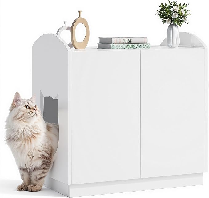 DWVO Large Hidden Litter Box Furniture with Hooks, Modern Cat Litters Box Enclosure for M/L/XL Litter Boxes, Wooden Secret Cat Cabinet, High-Gloss White
