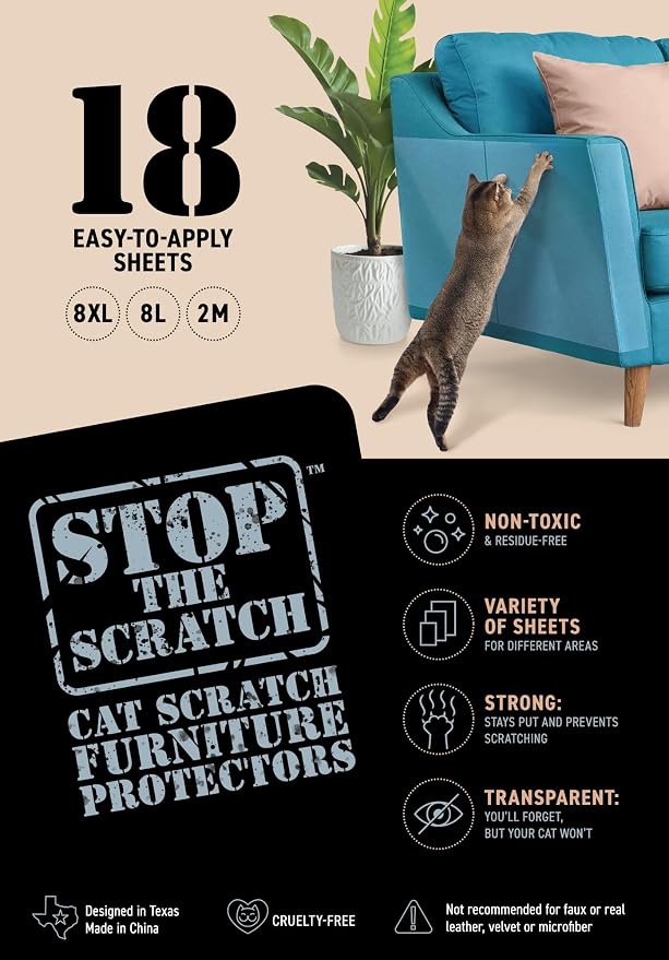 Cat Scratch Deterrent Tape – 18 XL Clear Double-Sided Sticky Sheets to Protect Furniture from Cats – Pet-Safe, Transparent Anti-Scratch Adhesive for Couch, Sofa, Doors & More