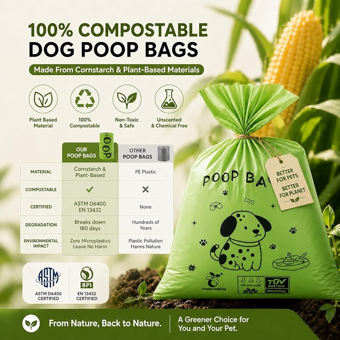 Dog Poop Bags Rolls-Biodegradable dog poop bags, Compostable Dog Waste Bags, ASTM D6400 & EN 13432 Compliant BPI Certified Pet Waste Bags. Earth Friendly 240 waste bag including dispenser