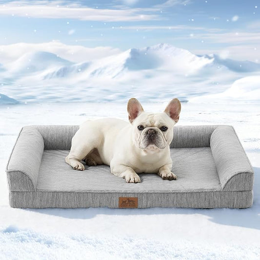 COZY KISS Cooling Dog Bed for Medium Dogs, 36"x27" Orthopedic Foam Sofa with Bolster Sides, Q-Max >0.4 Cooling Technology, Cool Pet Bed with Removable Washable Cover, Grey
