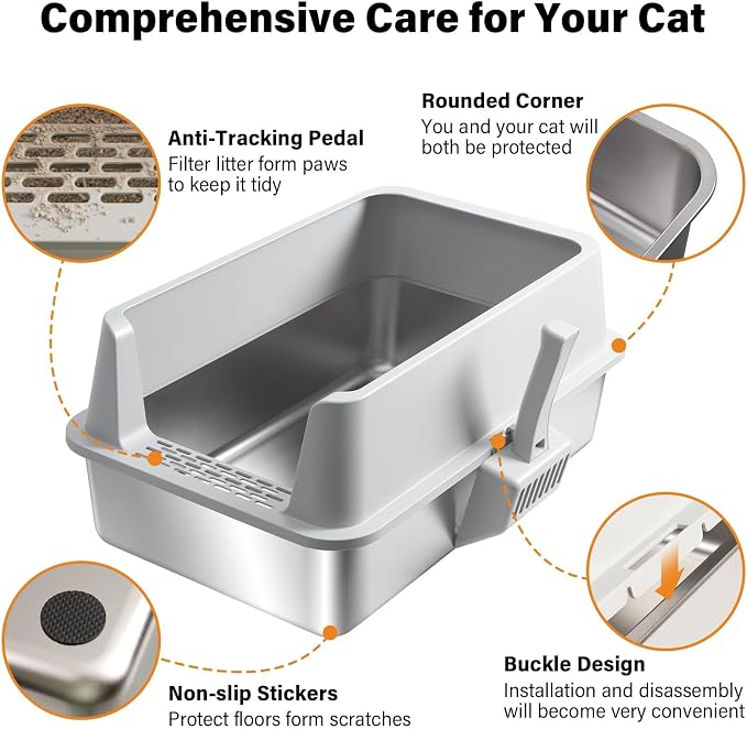 Stainless Steel Litter Box,XL Metal Cat Litter Box with High Sides Lid, Extra Large Litter Boxes for Big Cats,Odor-Resistant, Scratch-Proof, Easy to Clean, Non-Stick,Scoop Included