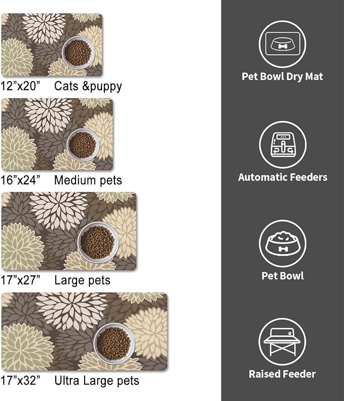 Dog Food Mats for Floors, Absorbent and Quick-Drying Pet Cat Food Mat,Anti-Fouling and Easy-to-Clean Pet Feeding Mat,Dog Bowl Mat for Messy Drinking Water Bowls.16x24, Bohemia Dahlia Floral Style
