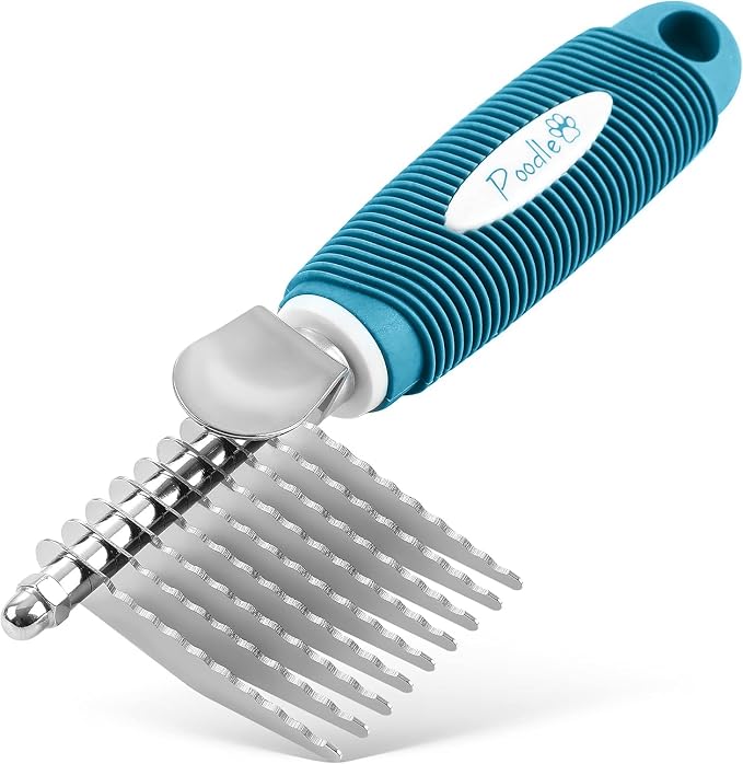 Poodle Pet Bundle - Dematting Fur Rake Comb Brush Tool with Steel Safety Blades and Detangling Pet Comb with Long and Short Stainless Steel Teeth for Detangling Matted or Knotted Undercoat Hair (Blue)