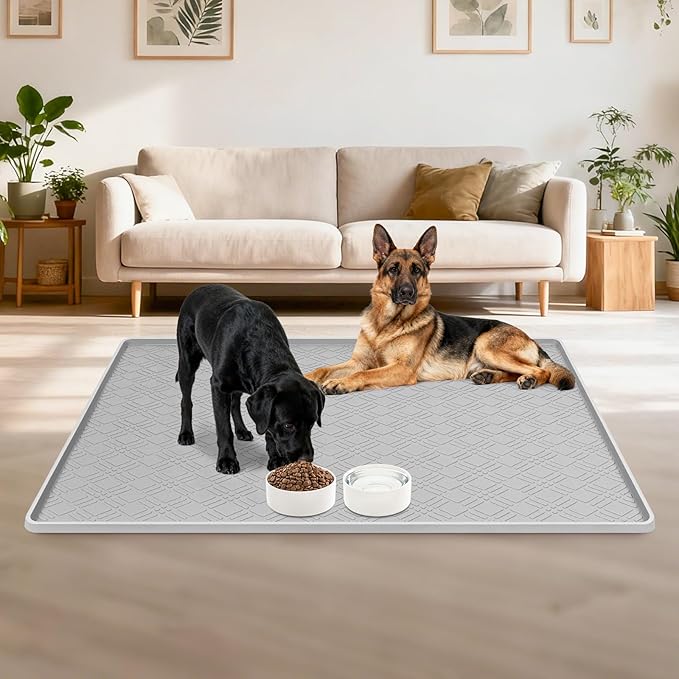Dog Food Mat, 42" x29" Large Silicone Mat Dog Feeding Mat with Raised Edge Non-Slip Pet Feeding Mat for Food and Water Bowl, Easy to Clean, Floor Protection (Light Gray)